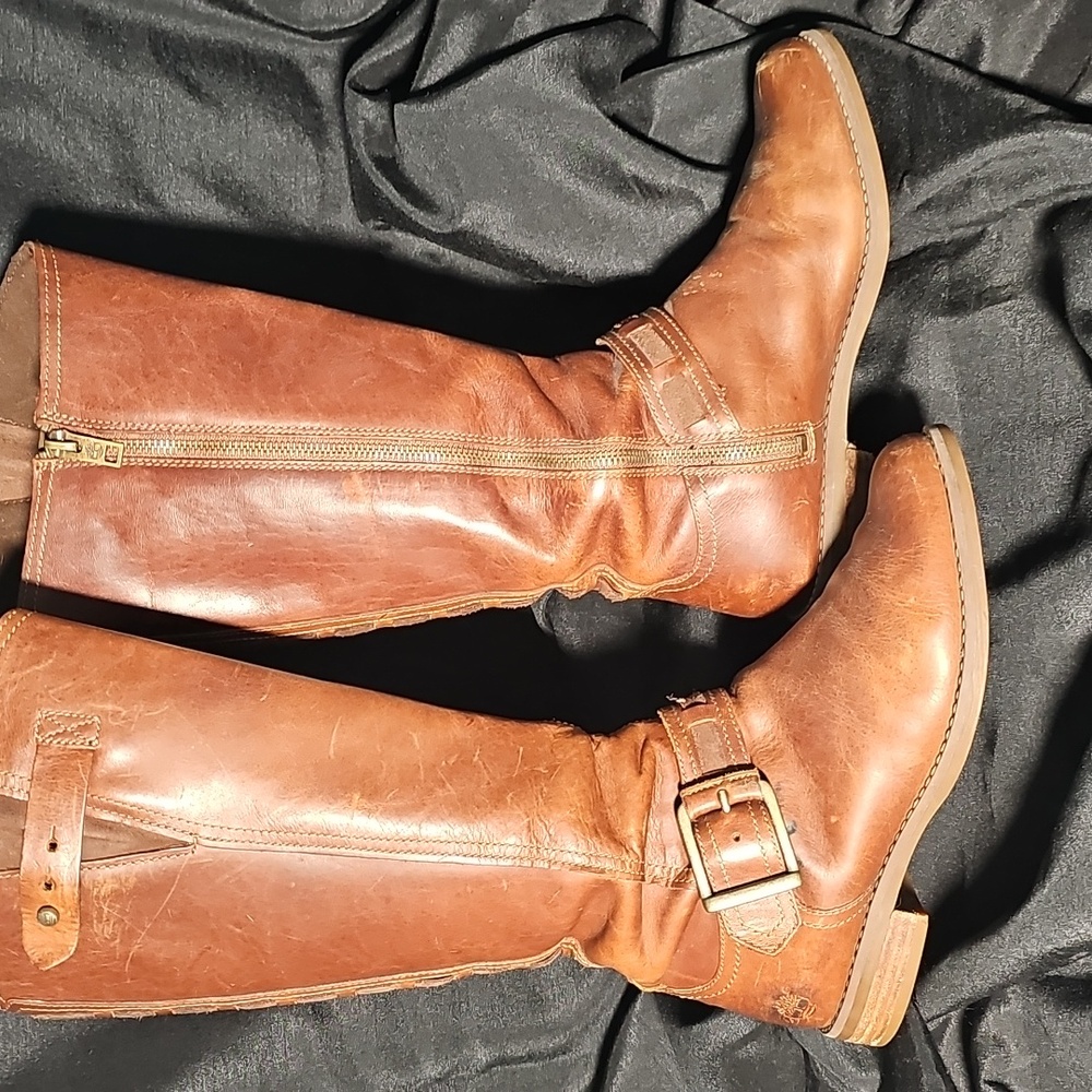 Timberland Savin Hill Brown Leather Buckle Zip Riding Moto Boots Womens
